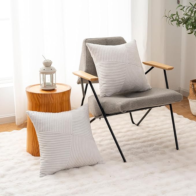 Decorative Throw Pillow Covers 20x20 Inch Set of 2 for Boho Living Room Farmhouse Home Decor, Spring Pillow Covers for Couch Bed, Soft Corduroy Striped Patchwork Cushion Cases, Cream White