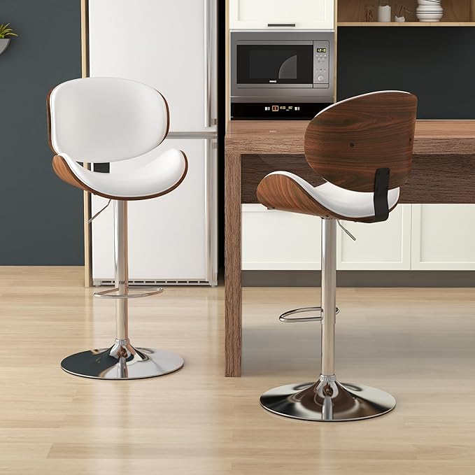 KCC Bar Stools Set of 2, Swivel Adjustable Height Barstools, PU Leather Upholstered Bar Chairs with Footrest, Bentwood Bar Stool for Kitchen, Bar, Dining Room(White PU)