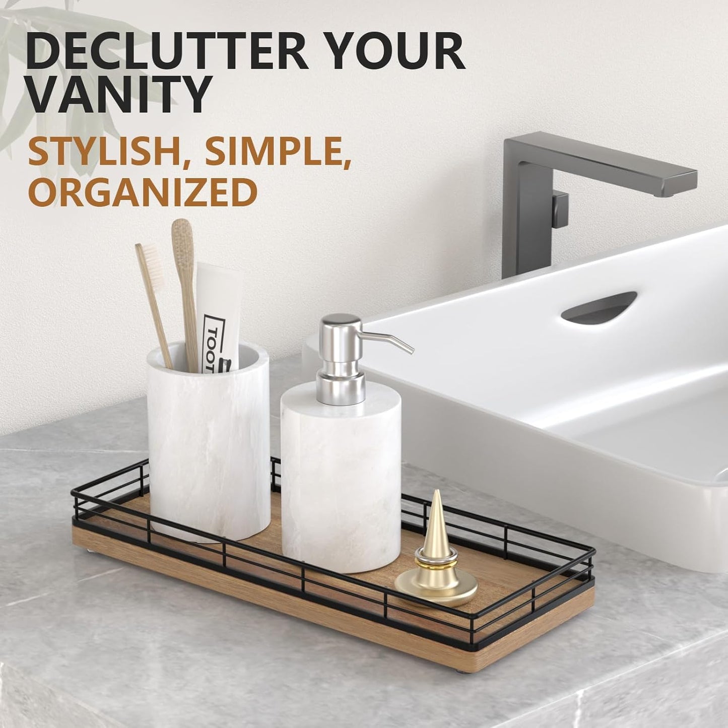 Bathroom Tray for Counter Top Organizer – Acacia Wood Vanity Tray with Metal Frame for Dresser, Kitchen, Nightstand – Black & Acacia Decorative Storage