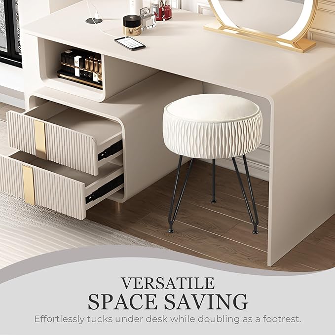 Velvet Vanity Stool Footrests, Round Ottoman Vanity Chairs with Anti-Slip Feet, Dressing Table Seat Foot Stool with Black Legs, Furry Padded Seat Side Table for Makeup Bedroom, White