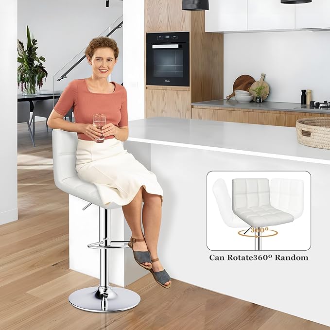 Bar Stools Set of 2,Armless Adjustable Swivel Barstools with Back,6-Squares Double Needle PU Leather Counter Height Bar Stools for Kitchen Island,White