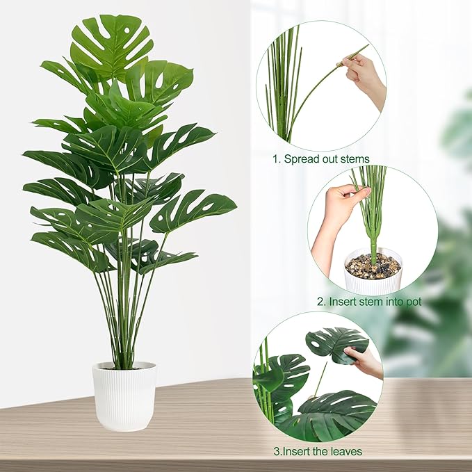 SAJANDAS Set of 2 Artificial Monstera Deliciosa Plants in Pots, Fake Tropical Trees with Greenery Leaves Stems, 32 Inch Faux Swiss Cheese Floor Plants for Home Porch, Garden, Office, Store Decor