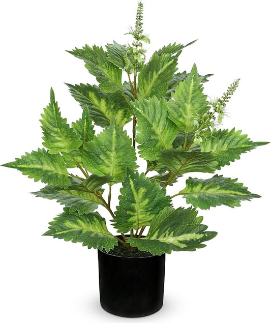 Artificial Plants Indoor with Pot 16.9" Faux Potted Perilla Plants Indoor Decorative Silk Greenery in Black Pot for Farmhouse Home Bathroom Living Room Office Table Shelf Decor