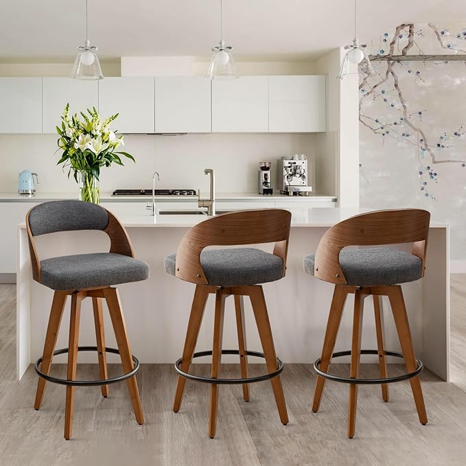 Barstools Set of 3,Counter Height Bar Stools for Kitchen Island,26.8 Inch Modern Upholstered Bar Chair, Swivel Counter Stools with Wood Back and Bamboo Legs (Darkgray-Fabric)