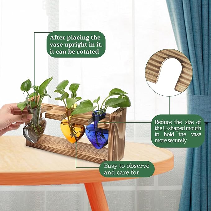 Plant Terrarium Propagation Stations Hydroponics Home Garden Decoration Gift for Women with Wooden Stand Heart Shaped Colored Glass Vase