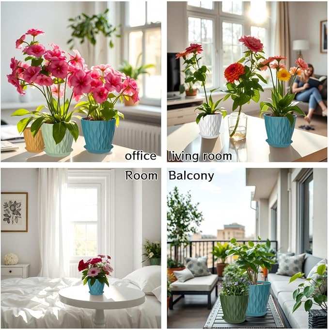 10 Pack 5 Inch Plant Pots with Drainage and Saucers, Multicolour Plastic Flower Pots for Indoor and Outdoor Plants, Stackable Nursery Planters for Houseplants and Herbs, Multicolour