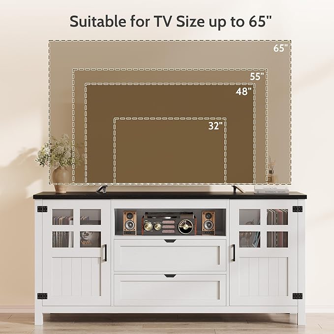 Farmhouse TV Stand for 65 Inch TVs, Entertainment Center with Adjustable Shelves, 2 Barn Doors and Drawers, Storage Media Cabinet for Living Room or Bedroom-White
