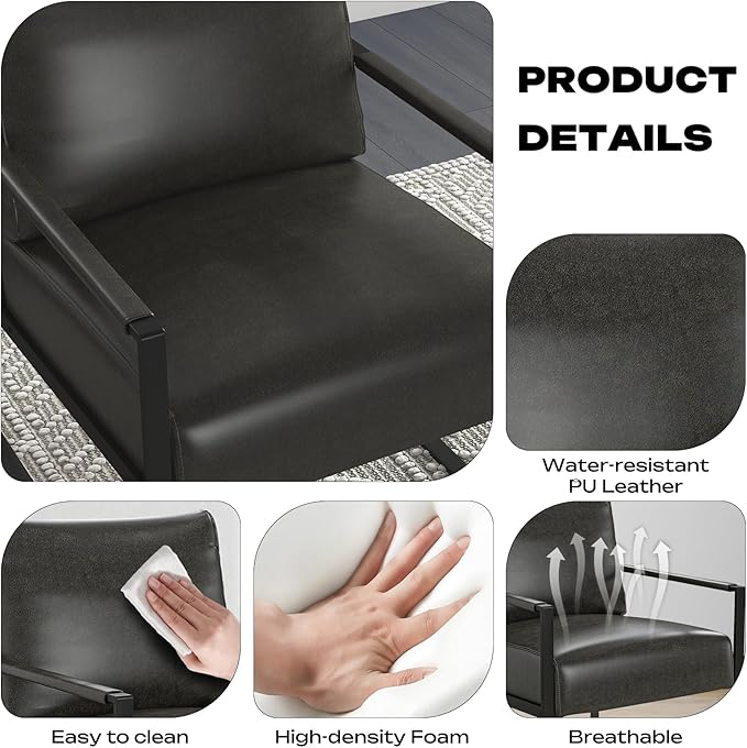 Phoenix Home PU Leather Accent Chair, Leisure Metal Framed Armchair with Extra Soft Padded and Cushion, 105 Degree Slant Back, Modern Reading Arm Chair for Living Room/Office/Bedroom, Black