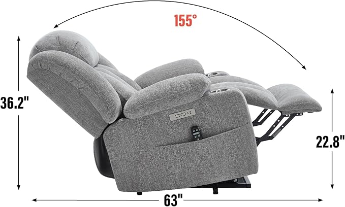 Power Lift Recliner Chair, USB/Type-C Ports & Cup Holders, Heavy Duty Chenille Recliner for Elderly, Light Grey