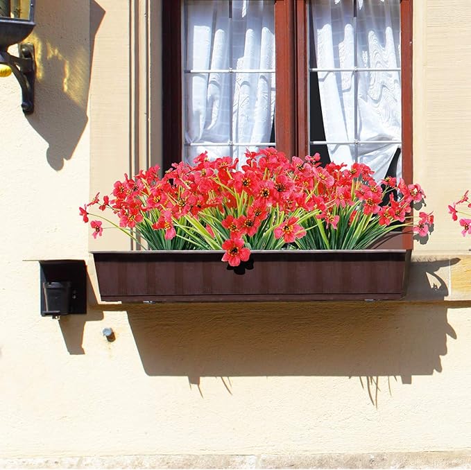 30 Bundles Artificial Flowers Outdoor UV Resistant Fake Flowers No Fade Faux Plastic Plants Garden Porch Window Box Decorating(Deep Red)