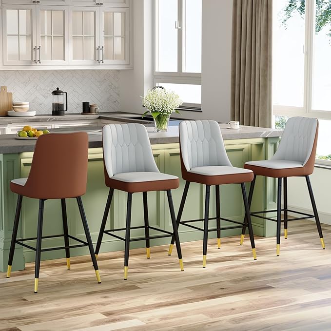 27" Bar Stools Set of 4 - Grey Counter Height Bar Stools Set of 4,Faux Leather Kitchen Island Stools with Sturdy Chrome Metal Leg,Counter Height Stools with Backs,Easy to Assemble