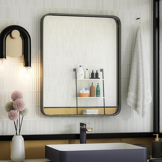 ISKM Black Framed Mirror for Wall 20"x 16", Bathroom Vanity Mirror Anti-Rust, Tempered Glass, Rounded Rectangle Mirror(Horizontal/Vertical)
