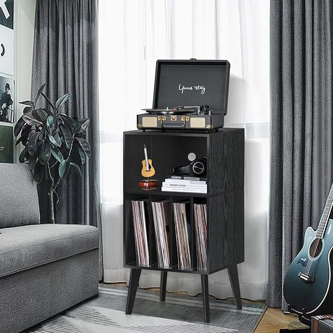 Lerliuo Record Player Stand, Black Turntable Stand Holds up to 160 Albums, Mid-Century Vinyl Storage Cabinet Table with Solid Wood Legs, Record Player Holder Dispaly Shelf for Bedroom Living Room