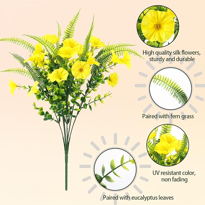 Artificial Flowers Outdoors 12 Bundles Yellow Artificial Petunias Fake Flowers UV Resistant Shrubs Plants with Fern for Indoor Outside Hanging Planters Home Garden Summer Decorations