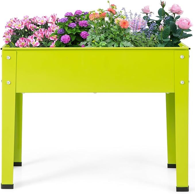 HAPPYGRILL Raised Garden Bed, 18” Elevated Planter Box w/Legs, Drainage Hole, Hemming Design, Metal Garden Box for Vegetable Herb, Outdoor Raised Beds for Gardening, Backyard Porch Balcony, Green