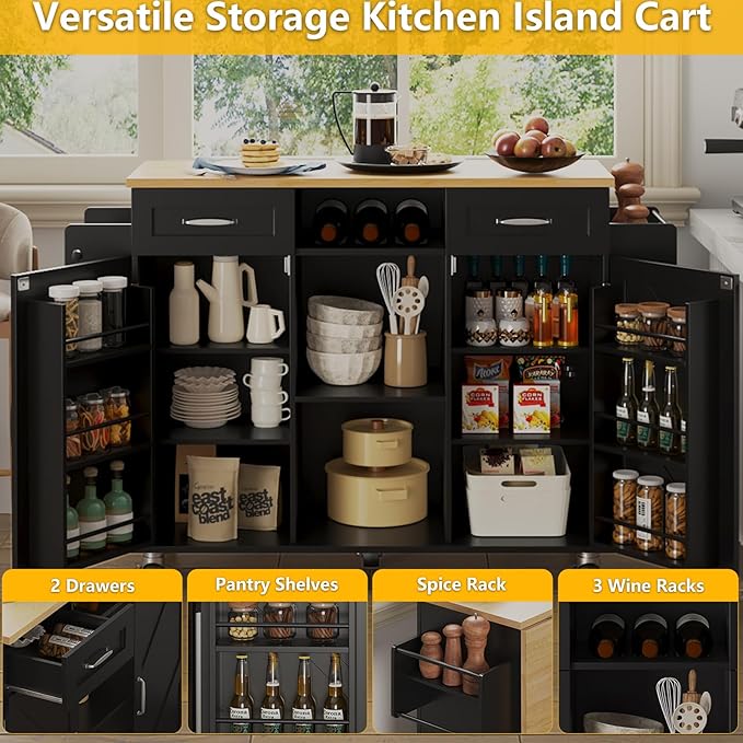 51.5'' Rolling Kitchen Island with Storage Cabinet & Drawers, Drop Leaf Kitchen Cart on Wheels, Farmhouse Portable Mobile Islands, Large Butcher Block Table with Tower/Spice Rack, Black