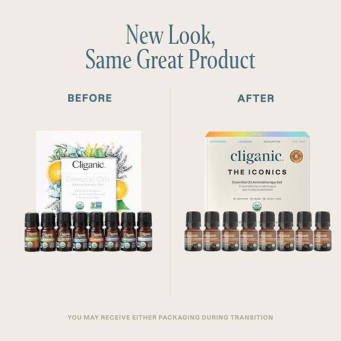 Cliganic Organic Aromatherapy Essential Oils Gift Set (Top 8 - The Iconics), 100% Pure - Peppermint, Lavender, Eucalyptus, Tea Tree, Lemongrass, Rosemary, Frankincense & Orange (Packaging May Vary)
