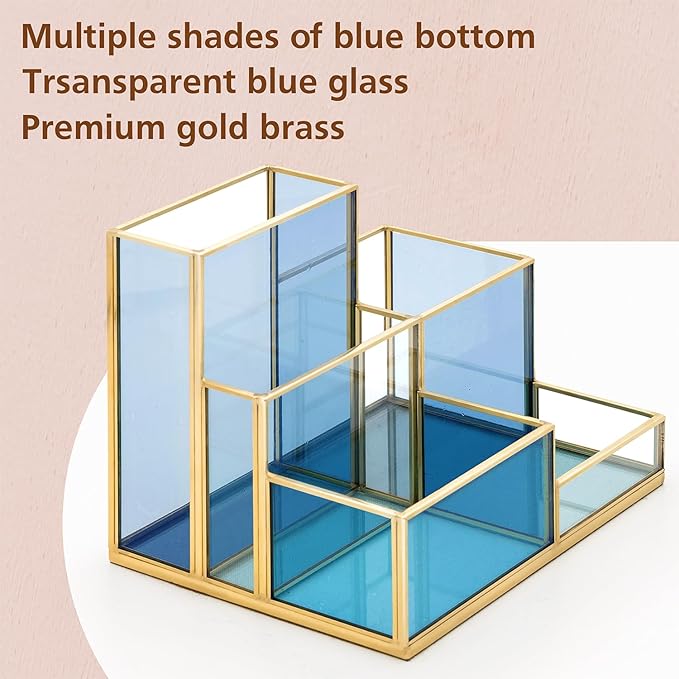 5-Compartment Desk Organizer for Home Office Supplies, Gold Brass with Blue Glass, Workspace Storage for Stationery, Cosmetic, Makeup Tools and Brush.