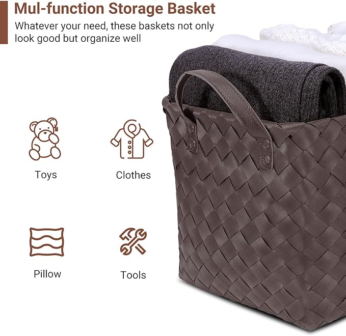 15L Laundry Baskets Waterproof Large Laundry Hamper Handmade Storage Baskets -set of 4 Collapsible Cube Organizers Woven Bins for Bathroom, Bedroom, Pantry, Shelves, Clothes and Towels-Coffee