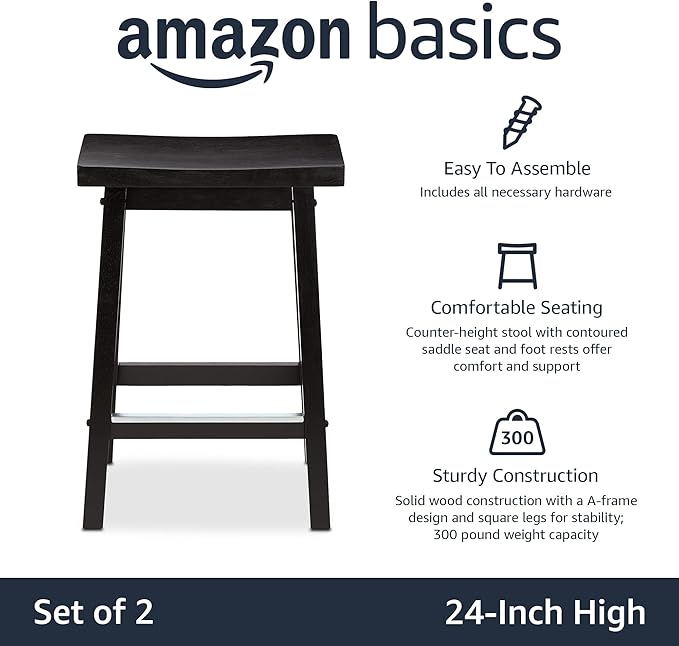 Amazon Basics Solid Wood Saddle-Seat Kitchen Counter Barstool with Footrest, Easy Assembly - 24-Inch Height - Black - Set of 2