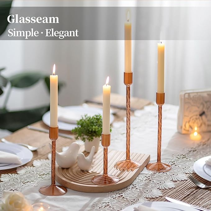 Glasseam Glass Candle Holder Brown: Fall Candle Holders Set of 4 Tall Candle Stick Candle Holder for Tapered Candles Decorative Candle Holders for Table Centerpiece Halloween Thanksgiving Decorations
