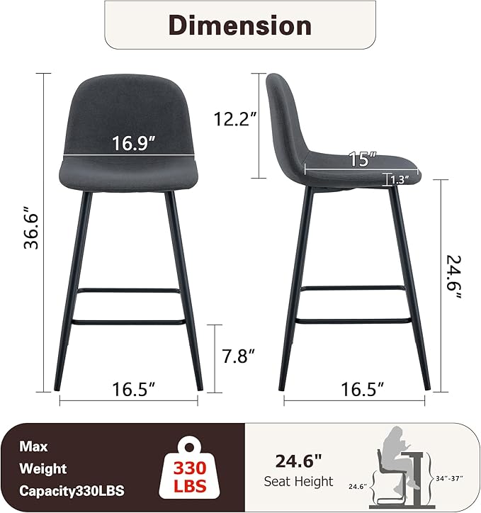 Modern Bar Stools Set of 4,Grey Techno-Fabric Counter Height Bar Stools,24.6" Bar Chairs with Back Metal Footrest,Modern Counter Stool with Back and Footrest for Kitchen Island Restaurants Pubs