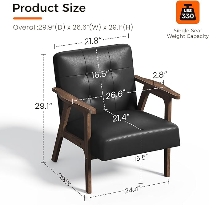 Casaottima PU Leather Accent Chair Mid Century Comfy Cozy Chair with Solid Wood Legs,Modern Arm Reading Chair with Button Tufted Back for Living Room Bedroom (Dark Black)