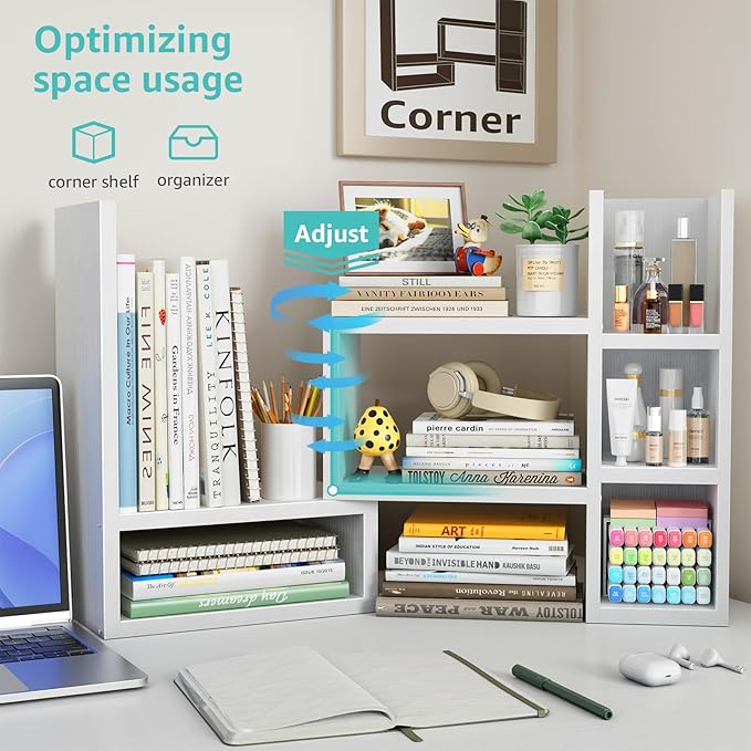 Desk Shelves Desktop Orgnizer Shlef - White Office Organization for Top of Desk Organizers and Accessories Corner Bookshelf Table Top Shelving Small Hutch Decorations for Women Office