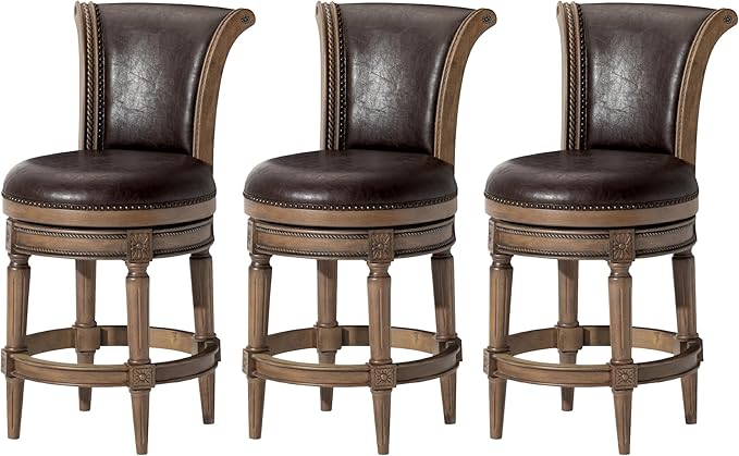Maven Lane Pullman Counter Stool 26 Inches – Set of 3 – Swivel Stools with Footrest – Brown Solid Wood Frame & Beige Faux Leather Upholstery – Perfect for Kitchen Islands & Counters