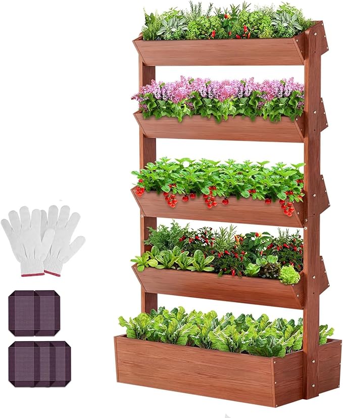 DoCred Vertical Wooden Raised Garden Bed, 5 Tier Garden Planters Freestanding Wood Plant Stand Flower Rack Wooden Planter Box for Plants Herbs Flowers Vegetables Outdoor Indoor Gardening