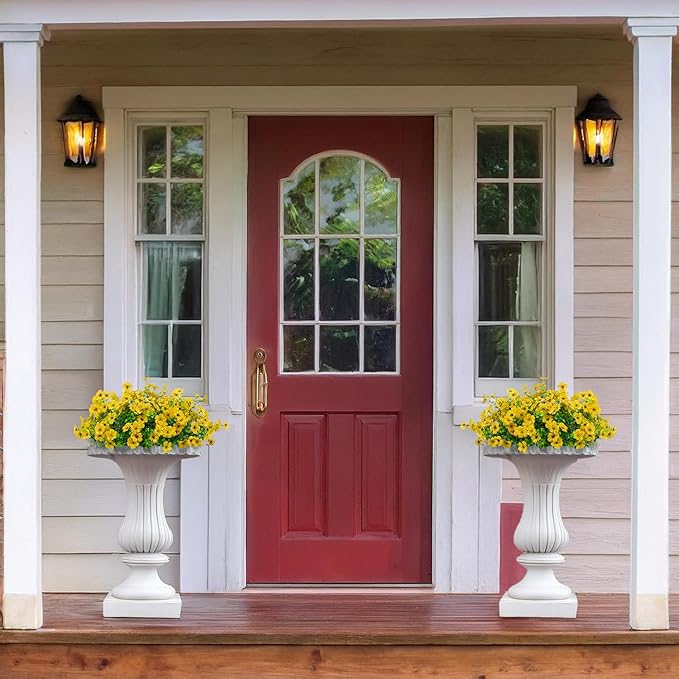 16 Bundles Artificial Flowers Outdoor Spring Summer Decoration Fake Silk Colorful Daisy Eucalyptus Realistic UV Resistant Outside Faux Plants for Garden Porch Window Box Home Decor(Yellow)