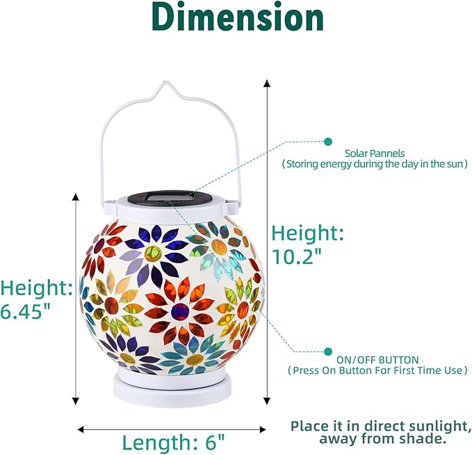 VOREEN Mosaic Solar Lanterns, Handmade Outdoor Glass Hanging Lights, Waterproof Solar Table Lamps, Gift for Mom Wife Friend, Decoration for Garden, Patio, Yard, Party, Balcony, Floral Pattern