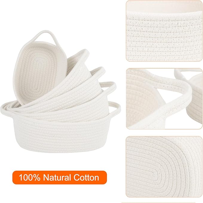 5-Piece Storage Shelf Basket Set, Natural Cotton Rope Woven Basket with Handles, Decorative Rectangle Organizer Bin for Home, Nursery, Montessori, Pet Toy Storage and Bathroom Organization, White