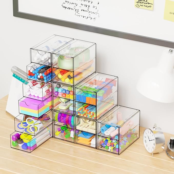 Yieach 9 Pack Small Acrylic Drawers With 18 Drawers,Clear Drawer Organizers Stackable,School,Office Supplies Organizer And Storage Bins for Stationery,Pen,Pencil,Craft,Glasses,Sunglass Organizer Case