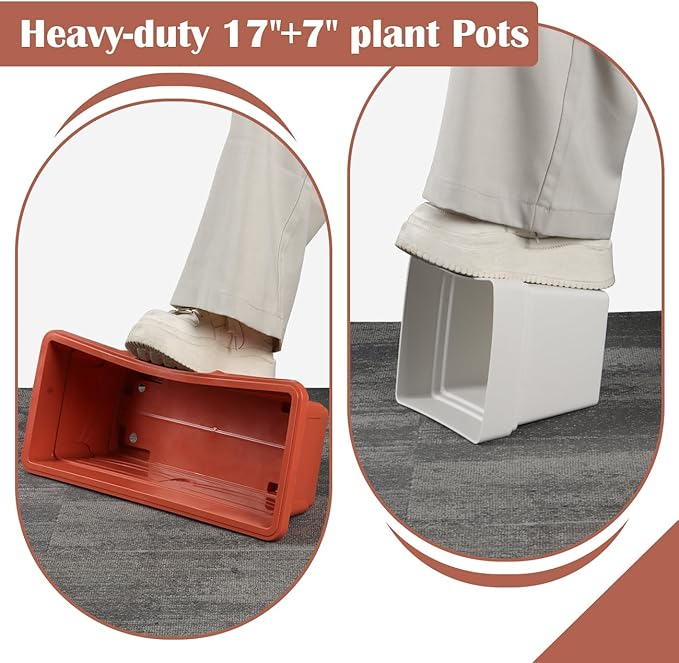 6-Pack 17" + 7" Window Box Planters & Square Pots - 4p Square Planters with Built-in Drainage & Stopper, 2p Rectangular Flower Boxes, Heavy-duty Flower Pots BPA-Free for Indoor Outdoor Gardening