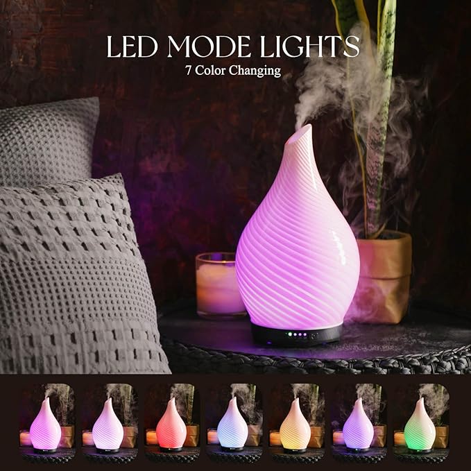 Porseme 280ml Essential Oil Diffuser Glass Color Changing Aroma Air Diffusers Aromatherapy Ultrasonic Cool Mist Humidifier 7 Running Hours Waterless Auto-Off for Sleeping, Yoga, Spa (Pure Pink)