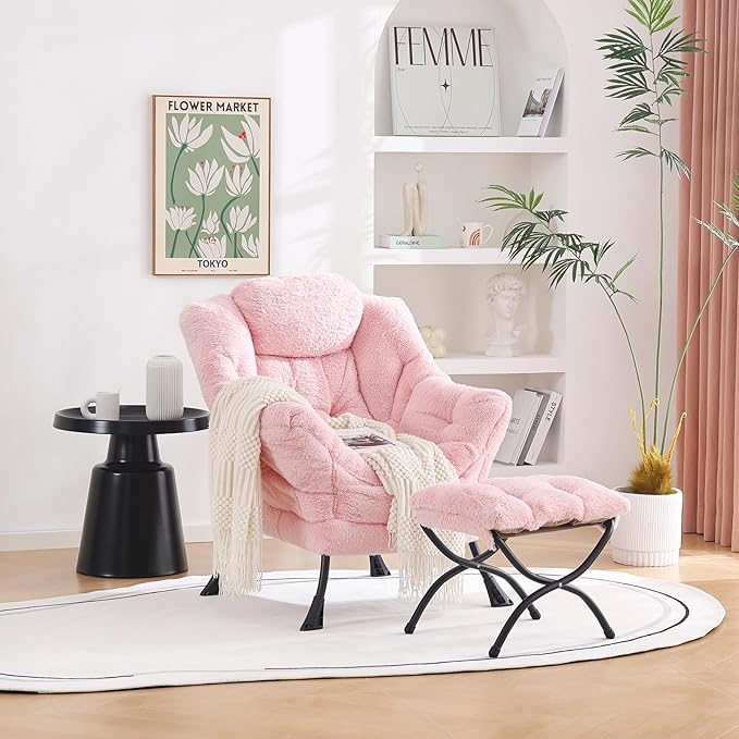 Welnow Lazy Chair with Ottoman, Modern Lounge Accent Chair with Armrests and a Side Pocket, Leisure Sofa Armchair Set, Reading Armchair with Footrest for Small Space, Plush Pink