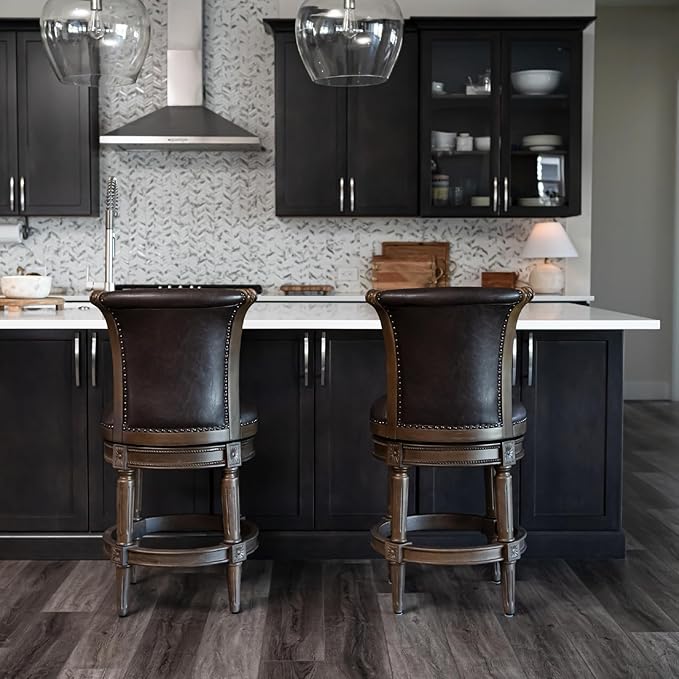 Maven Lane Pullman Counter Stool 26 Inches – Set of 2 – Swivel Stools with Footrest – Brown Solid Wood Frame & Beige Faux Leather Upholstery – Perfect for Kitchen Islands & Counters