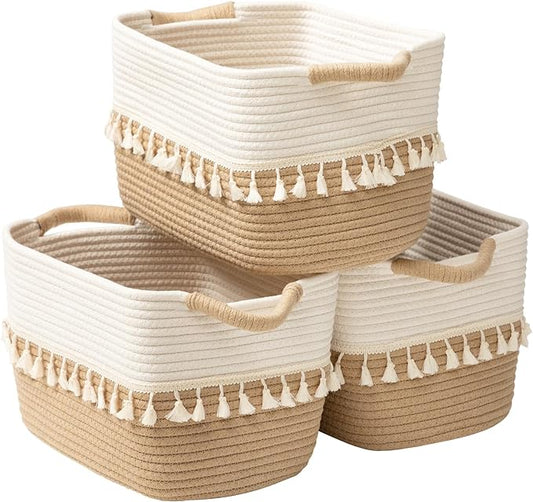 TeoKJ Woven Storage Bin Set of 3, Cotton Rope Basket for Storage, Clothes Boho Basket Bin for Organizing, Fabric Basket for Books, Plants, Pet Treats, White & Jute