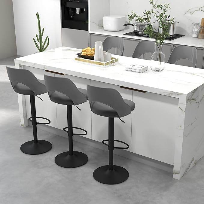 civama Bar Stools Set of 6 for Kitchen Counter, Seat Height Adjustable 25''-33'', Modern Upholstered Swivel Island Chairs with Hollow Backrest Metal Base, Grey