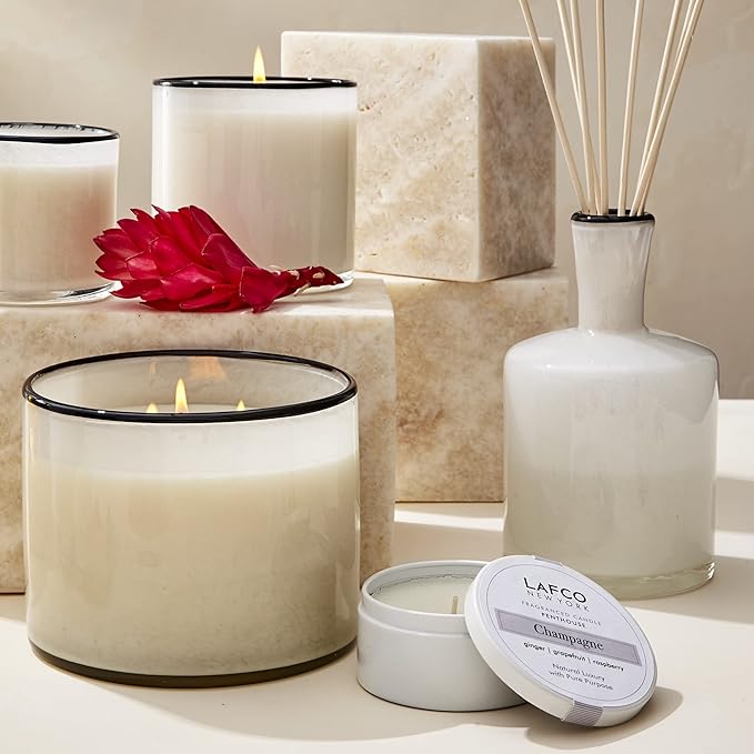 LAFCO New York Signature Reed Diffuser, Champagne - 15 oz - Up to 9 Months Fragrance Life - Reusable, Hand Blown Glass Vessel - Natural Wood Reeds - Made in The USA