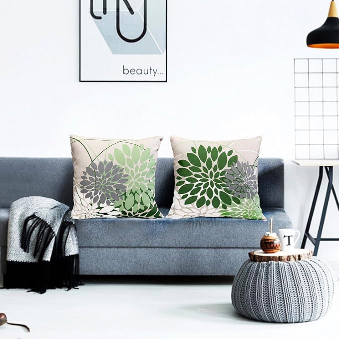 Sage Green Decorative Throw Pillow Covers 16x16 Inch Pillow Covers for Couch Living Room Bedroom Outdoor.Modern Sofa Throw Pillow Cover.Farmhouse Geometric Floral Linen Square Pillow Case.Set of 2