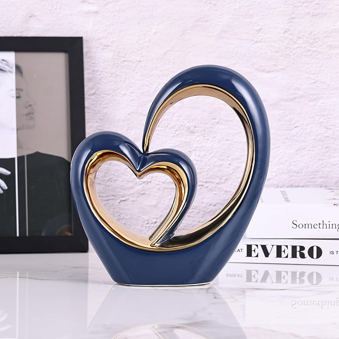 Ceramic Heart Decor Love Statue, Navy Blue Gold Double Hearts Sculptures for Home Table Centerpiece Decor, Valentine, Wedding, Decorative Items for Shelves, Coffee Table Decor (S Heart-Round)