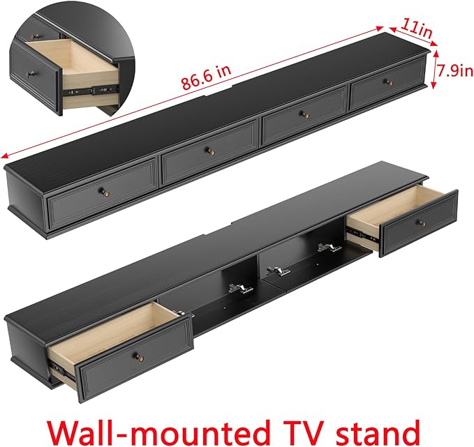 86-inch Wall-Mounted TV Stand, Accommodates 50- to 75-inch TVs, Features Hidden Cable Management, high Weight Capacity, and Space-Saving Black Floating TV Stand