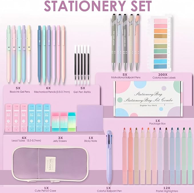 56 PCS Aesthetic School Supplies Cute Stationary Set with Large Pencil Case, Inspirational Ballpoint Pens, Highlighters, Black Ink Gel Pens,Mechanical Pencils 0.5-0.7mm, Student Essentials（purple）