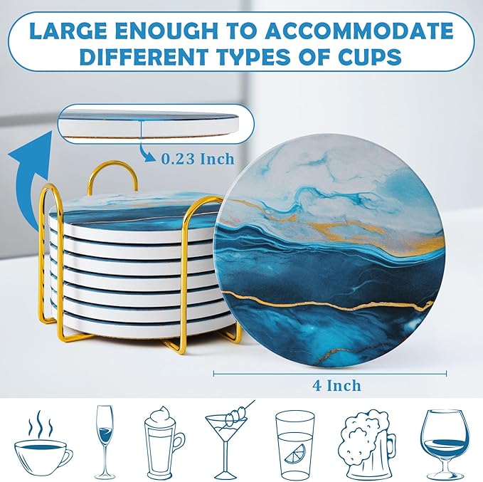 GOH DODD Coasters for Drinks Set of 8, Absorbent Marble Style Ceramic Coaster Tabletop Protection Home Decor with Metal Holder for Coffee Table, Housewarming Gifts Wedding Party, Blue, Round, 4 Inches