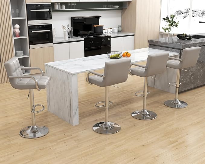 Modern PU Leather Bar Stools Set of 4, Adjustable Swivel Square Bar Chairs, Counter Height Barstools with Arms and Large Base for Island/Kitchen(Gray)