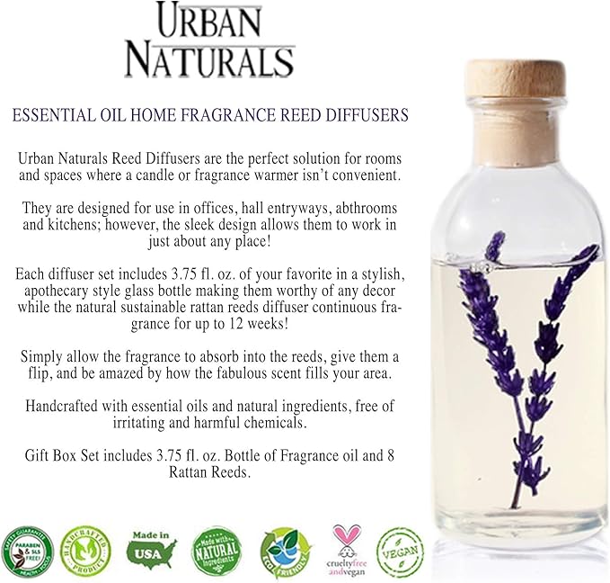 Urban Naturals Lavender Fields Oil Essential Oil Reed Diffuser Set with Real Lavender Stems! French Blossoms, Geranium & Clary Sage | #1 Gift Idea for Aromatherapy & Stress Relief | Vegan | USA Made