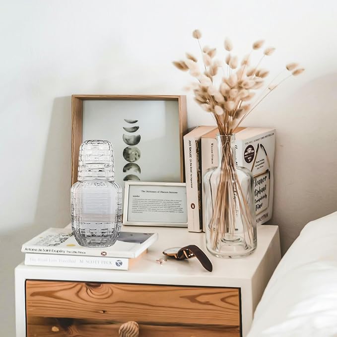 Bedside Water Carafe and Glass Set for Bedroom Nightstand, Bedside, Ticked Glass Mouthwash Decanter for Bathroom, Water Pitcher Set 18.5 oz (Knitted Pattern)