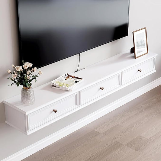 70-inch Wall-Mounted TV Stand, Accommodates 50- to 75-inch TVs, Features Hidden Cable Management, high Weight Capacity, Space-Saving White Floating TV Stand
